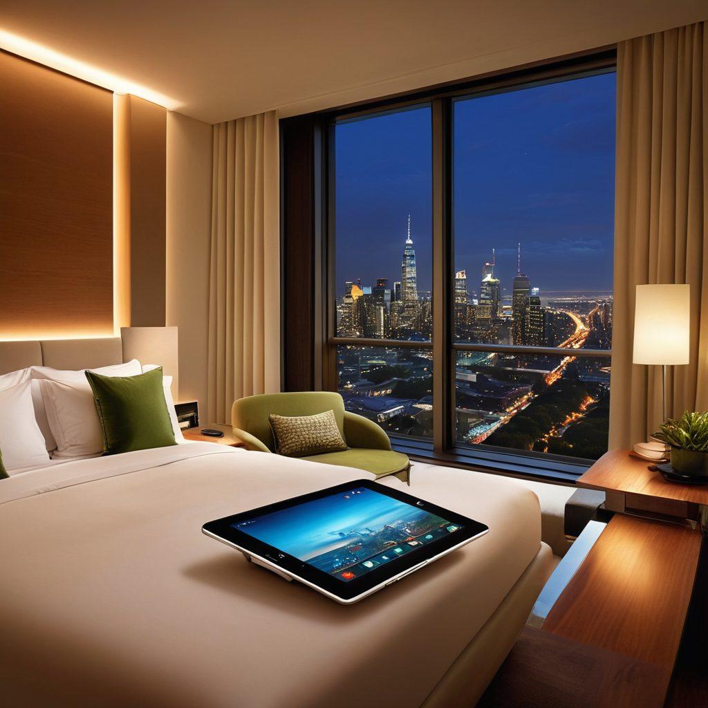 A sleek hotel room featuring a large digital tablet integrated into the bedside table, displaying interactive options for guests. Soft ambient lighting highlights modern furnishings and touches of greenery. A panoramic window reveals a futuristic city skyline at dusk, reflecting innovation and comfort. Guests using tablets to control smart amenities. modern design. vibrant colors. 3D.