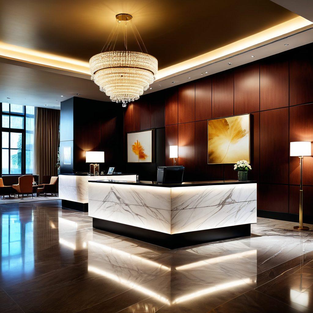 A luxurious hotel lobby featuring stylish tablets at the front desk, guests interacting with the technology for check-in, seamless modern design and elegant furnishings, a vibrant atmosphere with soft lighting, and elements of hospitality like concierge services in the background. super-realistic. vibrant colors. modern design.