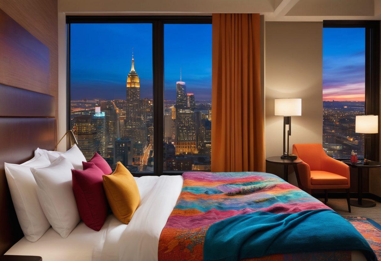 A cozy hotel room showcasing a guest using a mobile tablet to browse local attractions, with vibrant elements like a welcoming bed, soft lighting, and modern amenities. In the background, a window reveals a beautiful cityscape, symbolizing exploration. The scene captures a sense of comfort and technology enhancing the hospitality experience. super-realistic. vibrant colors. warm tones.